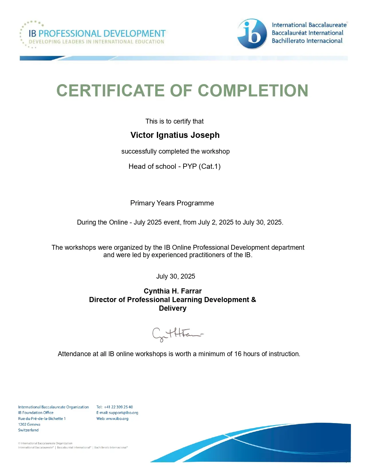 Head of School Workshop Award